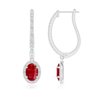 8x6mm AAA Oval Ruby Halo Huggie Hoop Drop Earrings in P950 Platinum