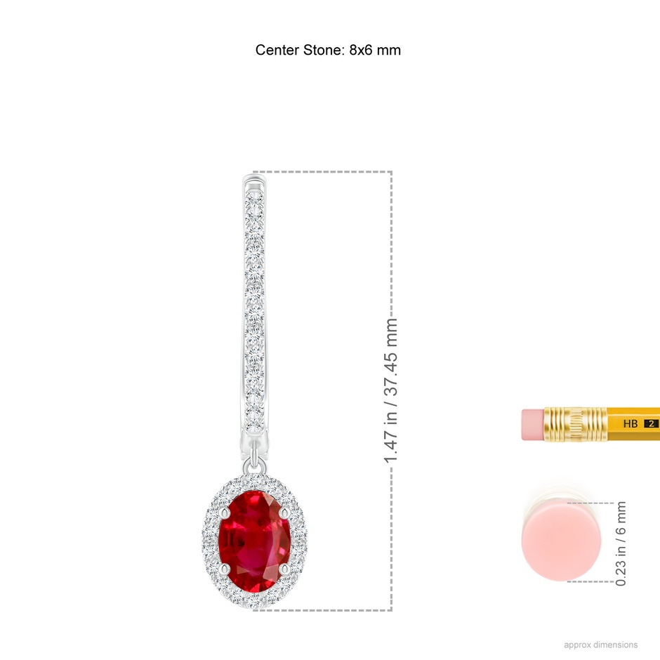 8x6mm AAA Oval Ruby Halo Huggie Hoop Drop Earrings in P950 Platinum ruler