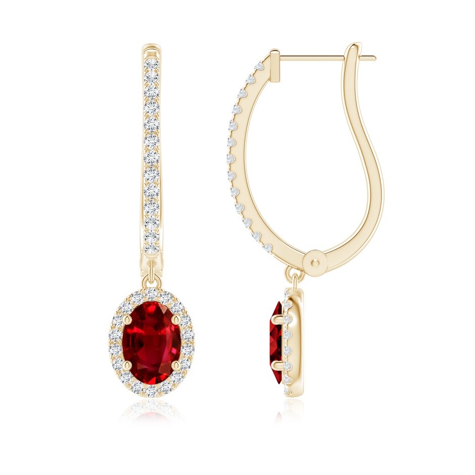 8x6mm AAAA Oval Ruby Halo Huggie Hoop Drop Earrings in Yellow Gold 