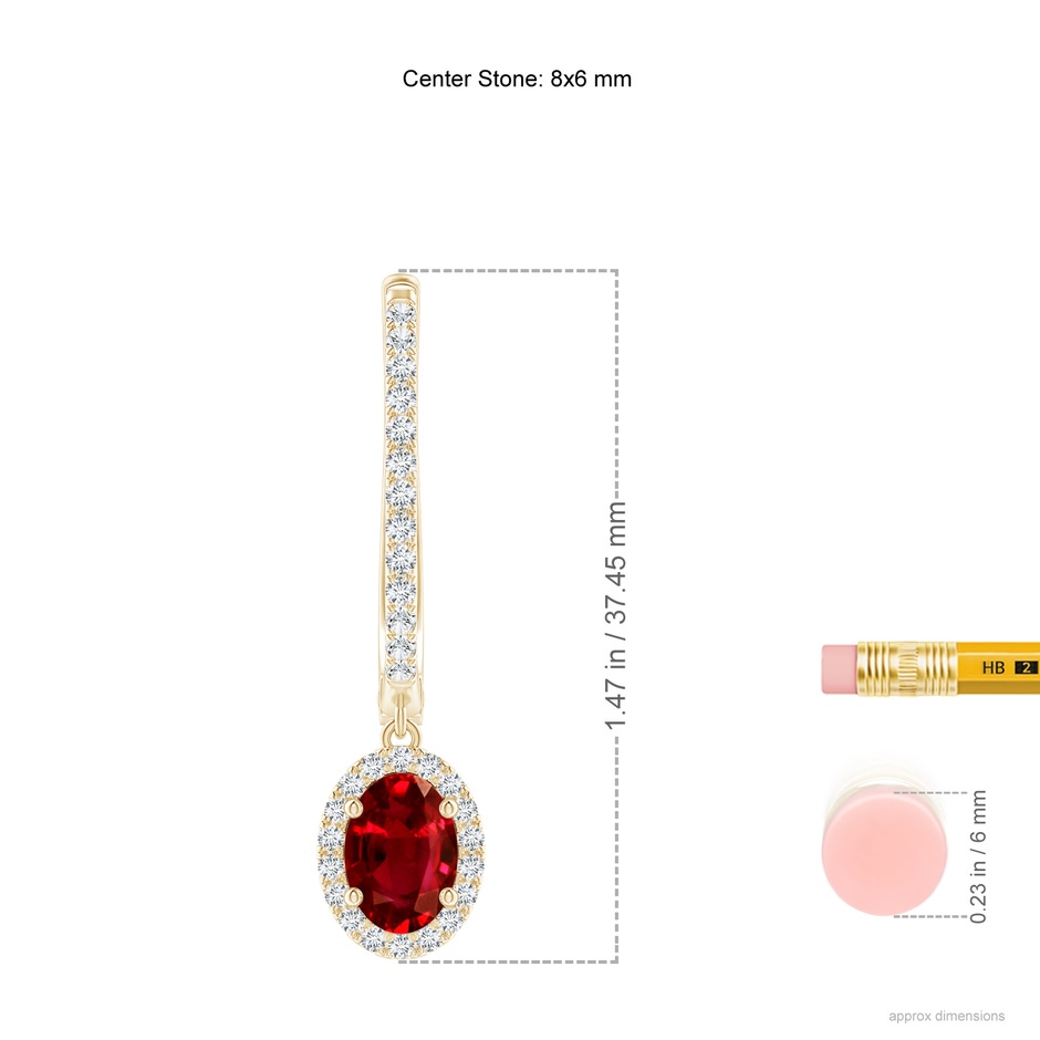 8x6mm AAAA Oval Ruby Halo Huggie Hoop Drop Earrings in Yellow Gold ruler