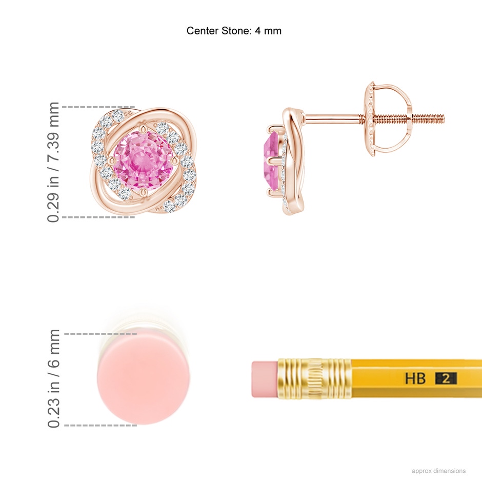 4mm A Pink Sapphire Solitaire Knot Stud Earrings in Rose Gold ruler