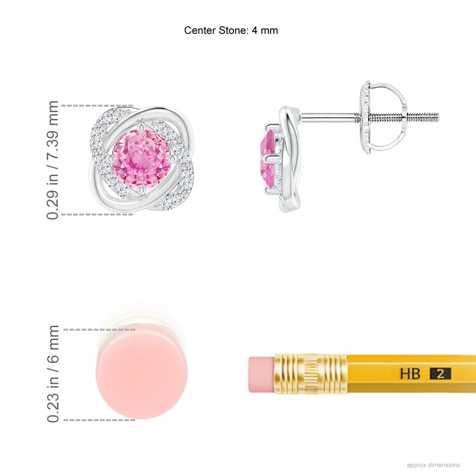 4mm A Pink Sapphire Solitaire Knot Stud Earrings in White Gold ruler