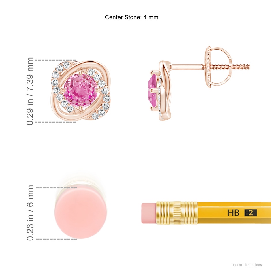 4mm AA Pink Sapphire Solitaire Knot Stud Earrings in Rose Gold ruler