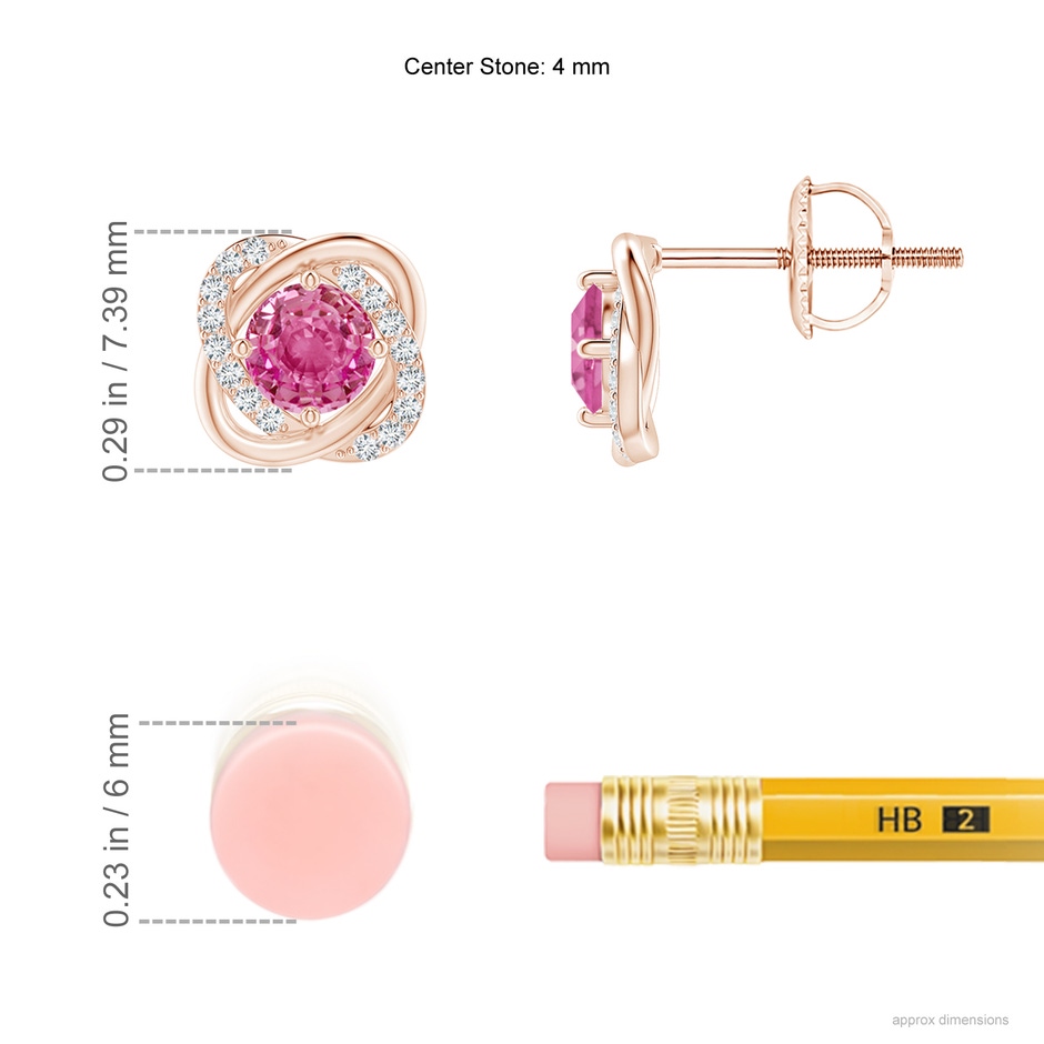 4mm AAA Pink Sapphire Solitaire Knot Stud Earrings in Rose Gold ruler