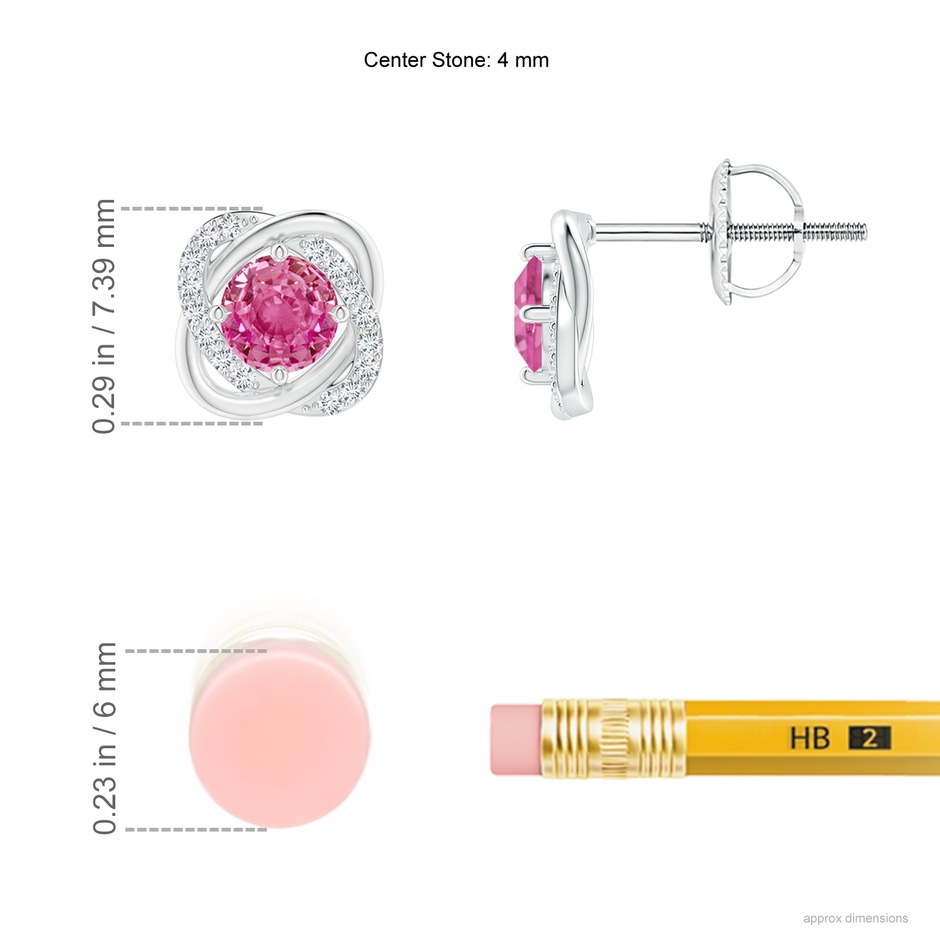 4mm AAA Pink Sapphire Solitaire Knot Stud Earrings in White Gold ruler