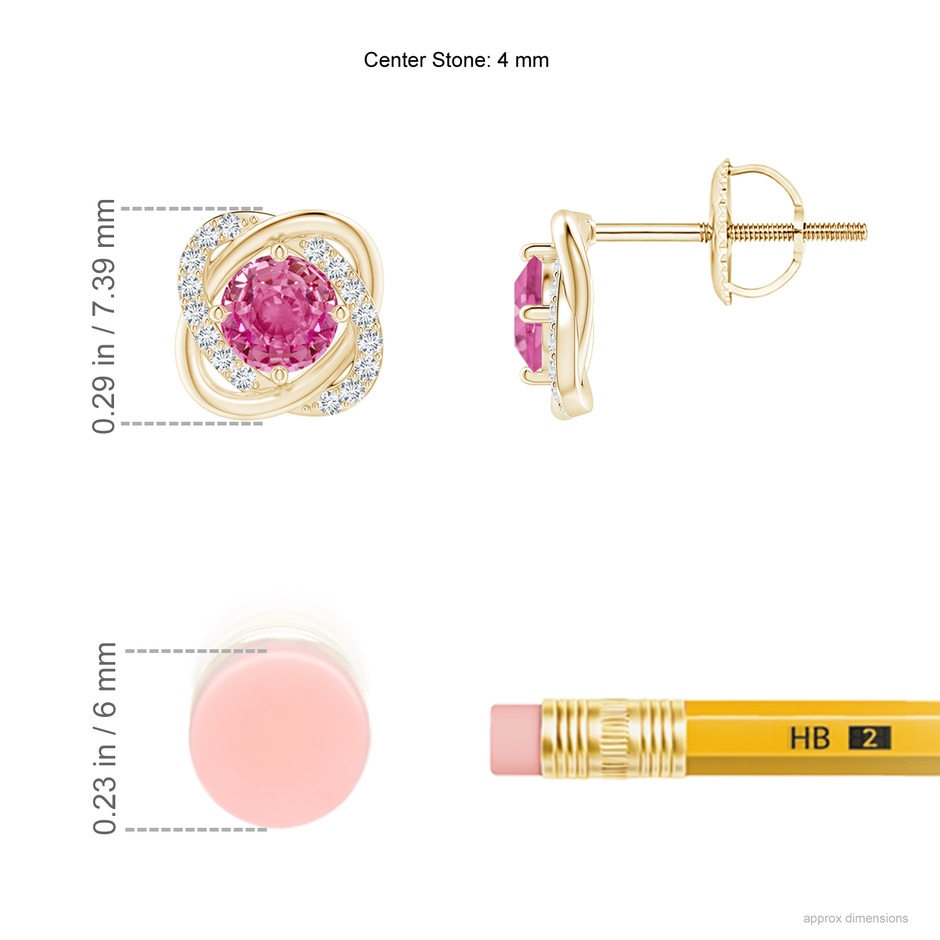 4mm AAA Pink Sapphire Solitaire Knot Stud Earrings in Yellow Gold ruler