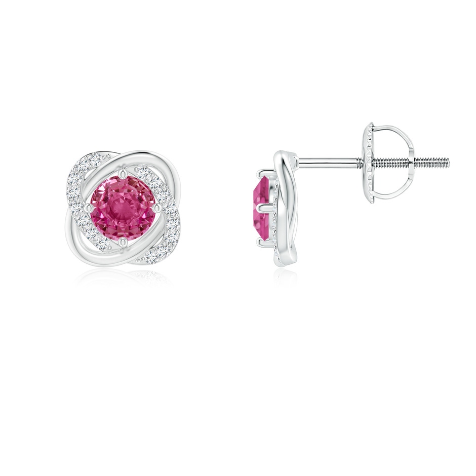 4mm AAAA Pink Sapphire Solitaire Knot Stud Earrings in 18K White Gold 