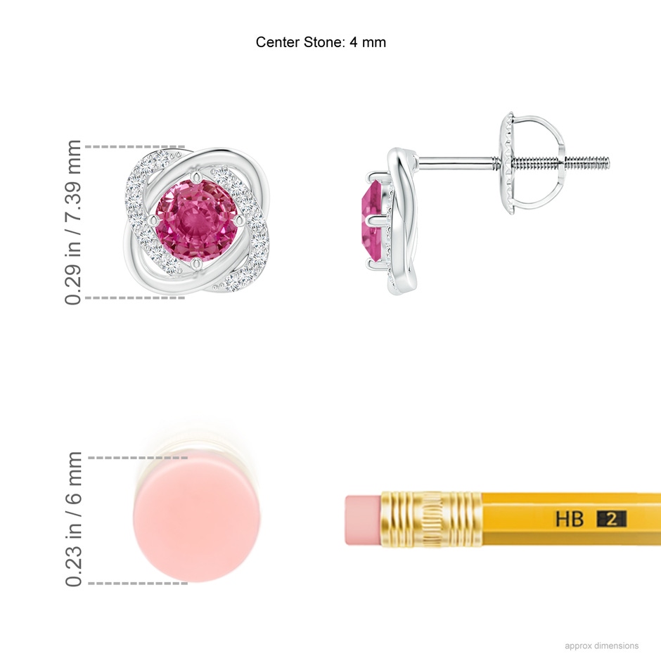 4mm AAAA Pink Sapphire Solitaire Knot Stud Earrings in P950 Platinum ruler