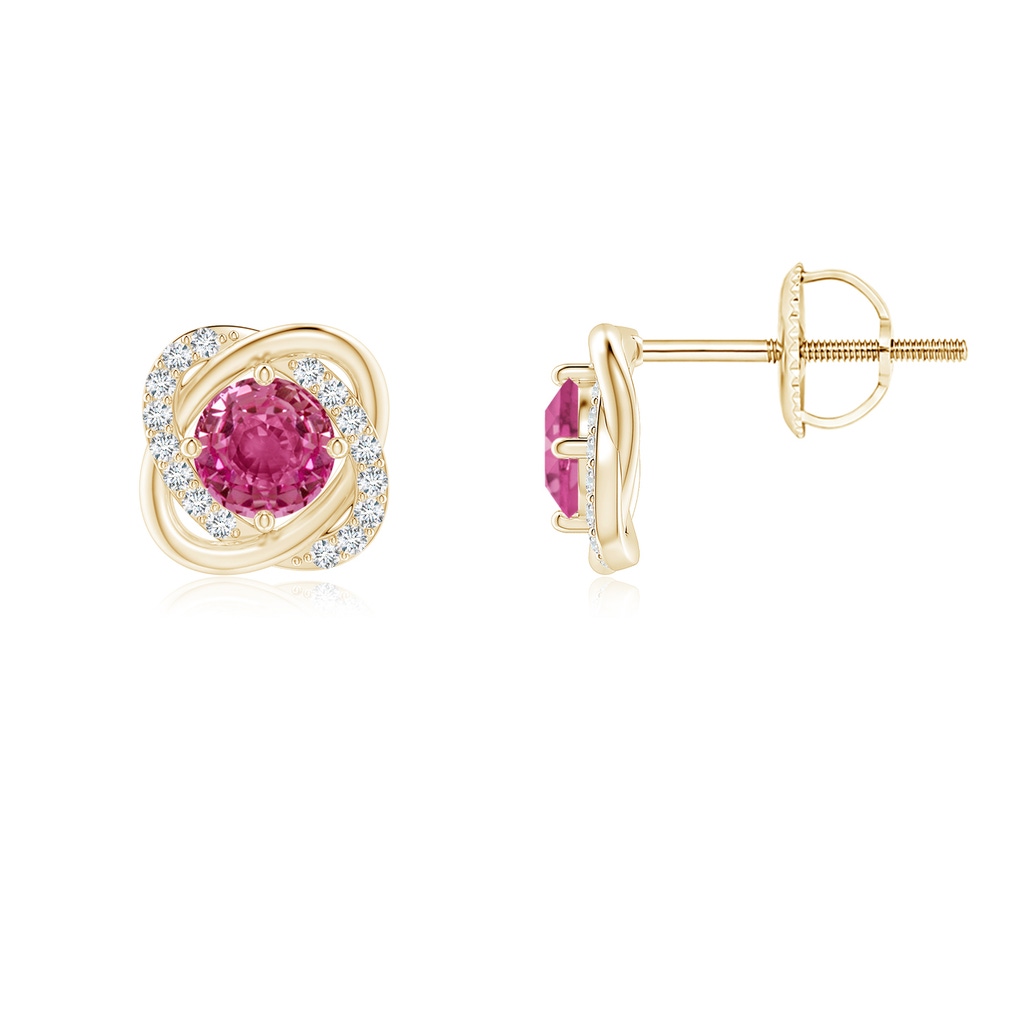 4mm AAAA Pink Sapphire Solitaire Knot Stud Earrings in Yellow Gold