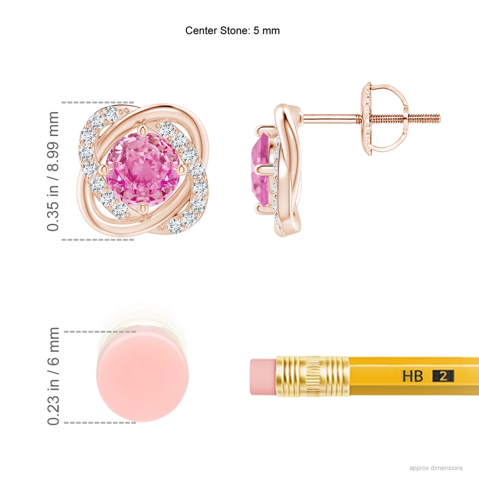 5mm AA Pink Sapphire Solitaire Knot Stud Earrings in Rose Gold ruler