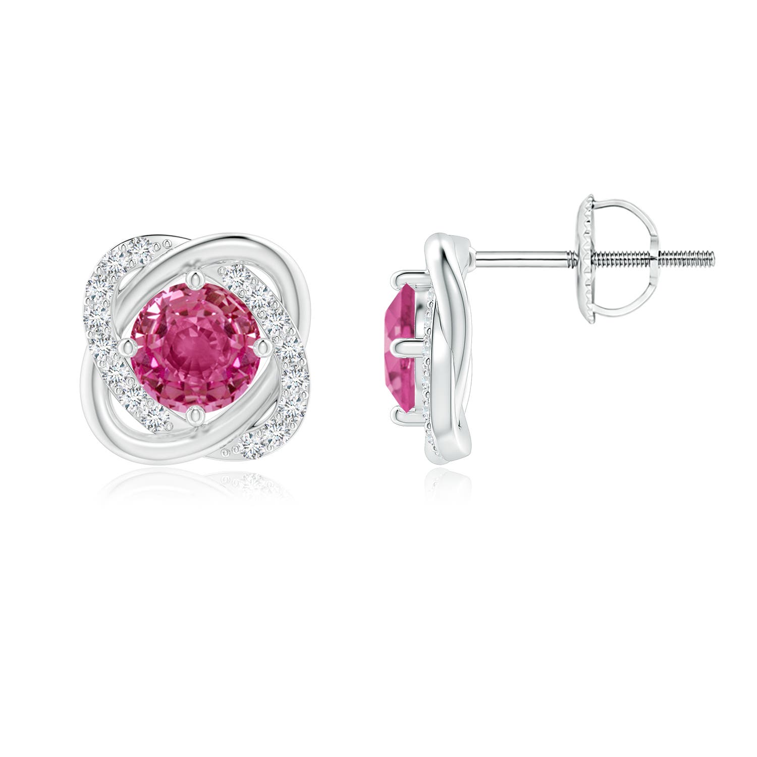 5mm AAAA Pink Sapphire Solitaire Knot Stud Earrings in 18K White Gold