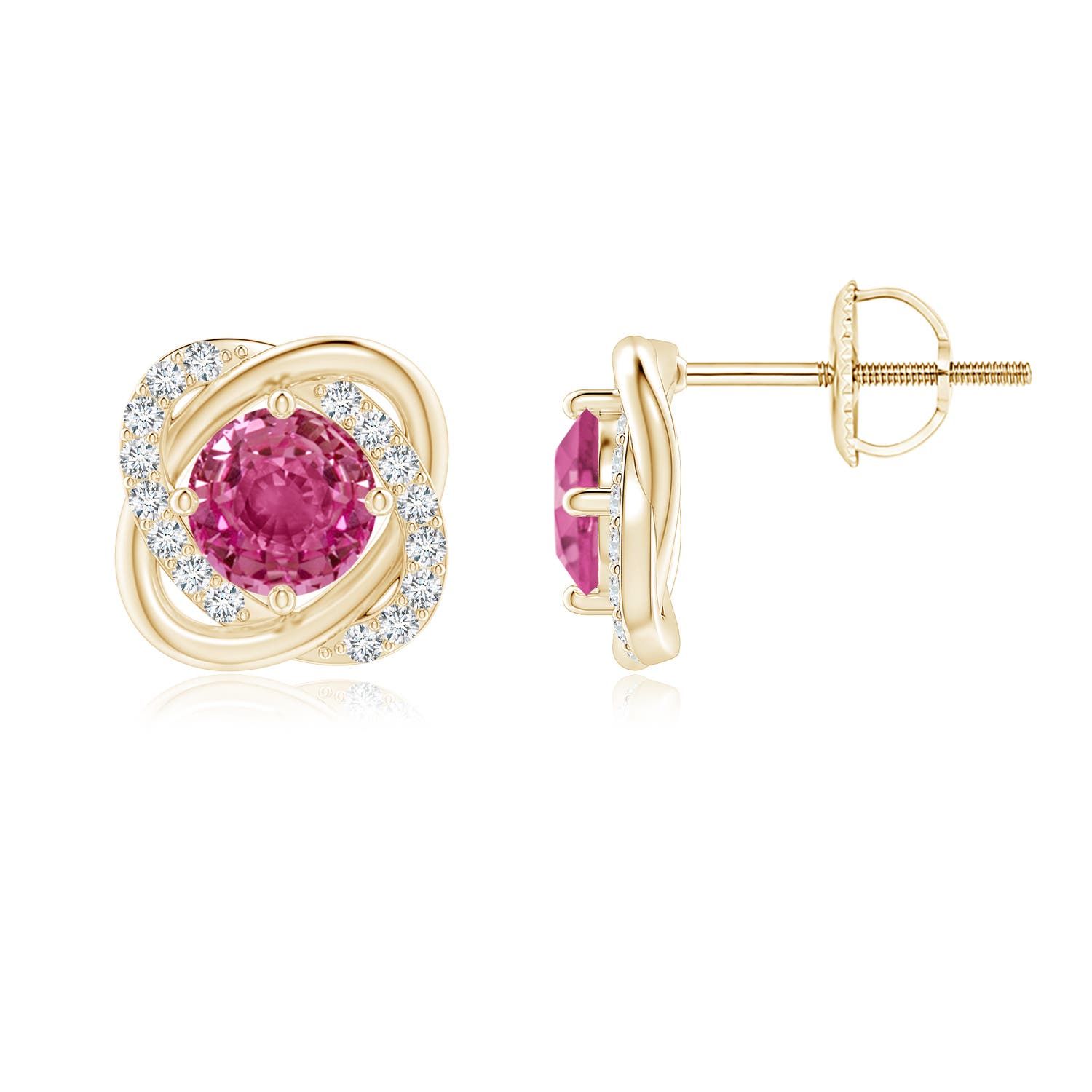 5mm AAAA Pink Sapphire Solitaire Knot Stud Earrings in 18K Yellow Gold