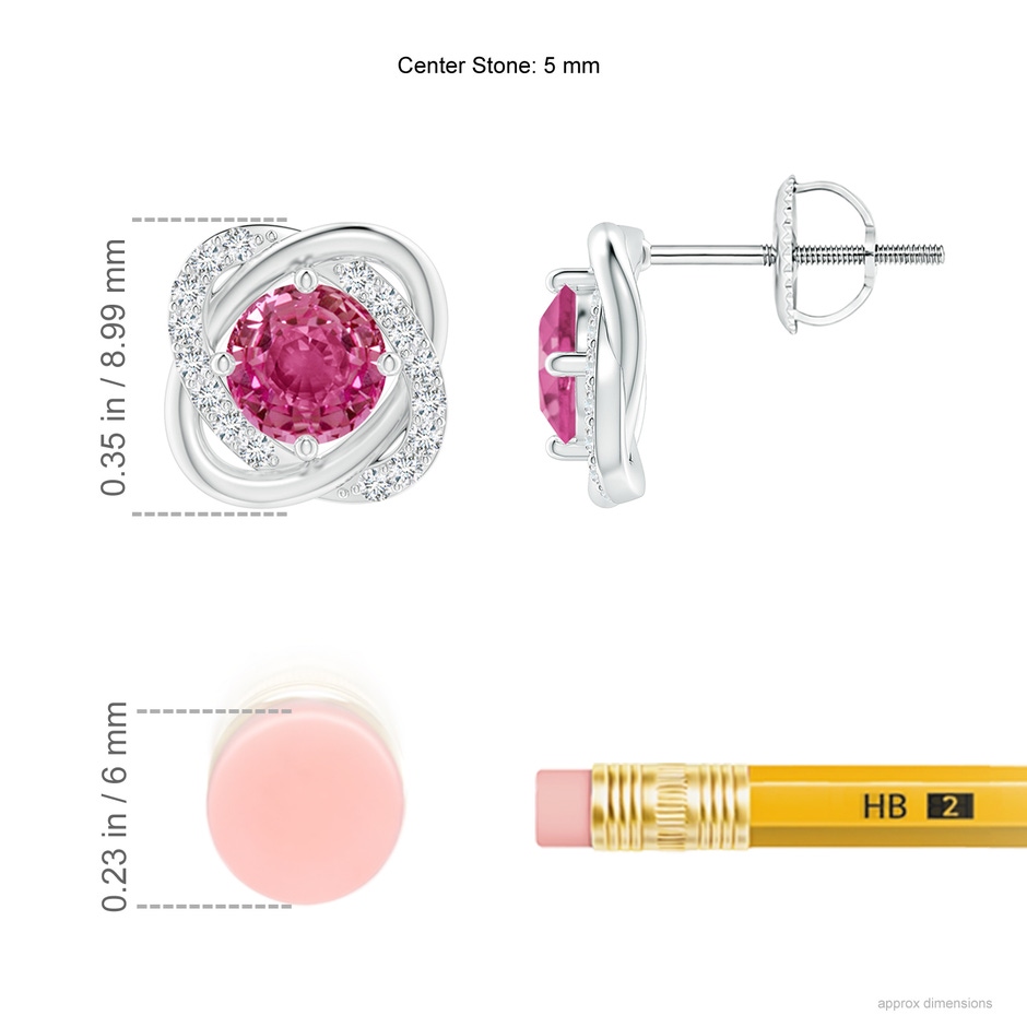5mm AAAA Pink Sapphire Solitaire Knot Stud Earrings in P950 Platinum ruler
