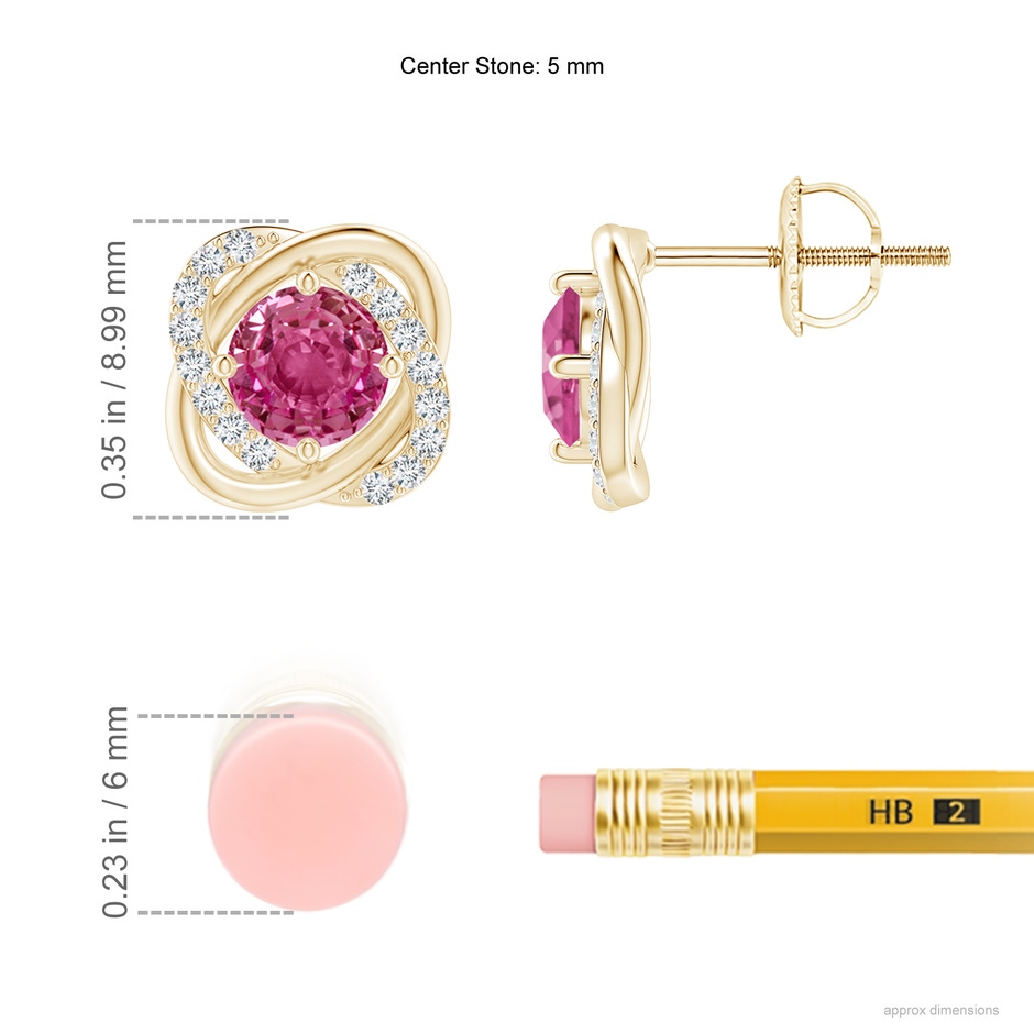 5mm AAAA Pink Sapphire Solitaire Knot Stud Earrings in Yellow Gold ruler