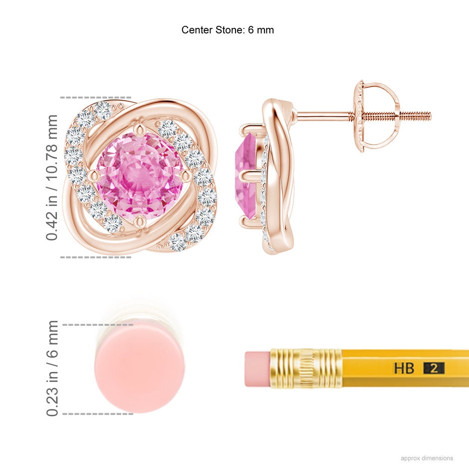 6mm A Pink Sapphire Solitaire Knot Stud Earrings in Rose Gold ruler