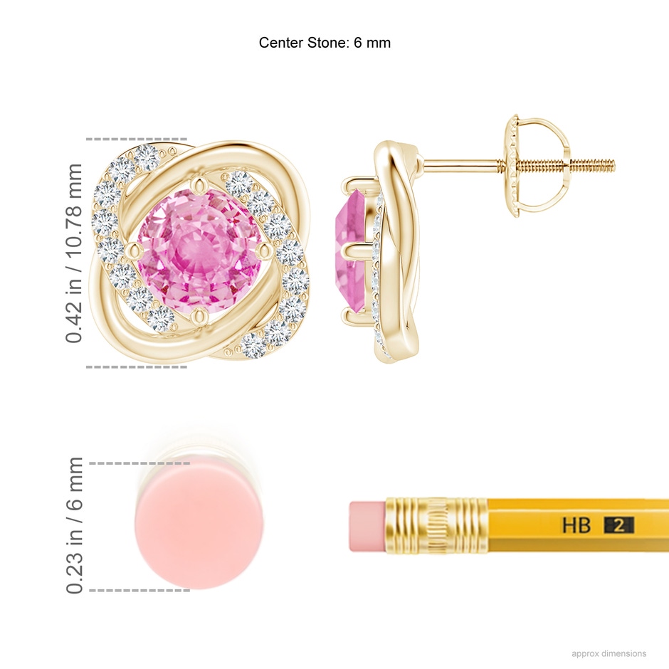 6mm A Pink Sapphire Solitaire Knot Stud Earrings in Yellow Gold ruler