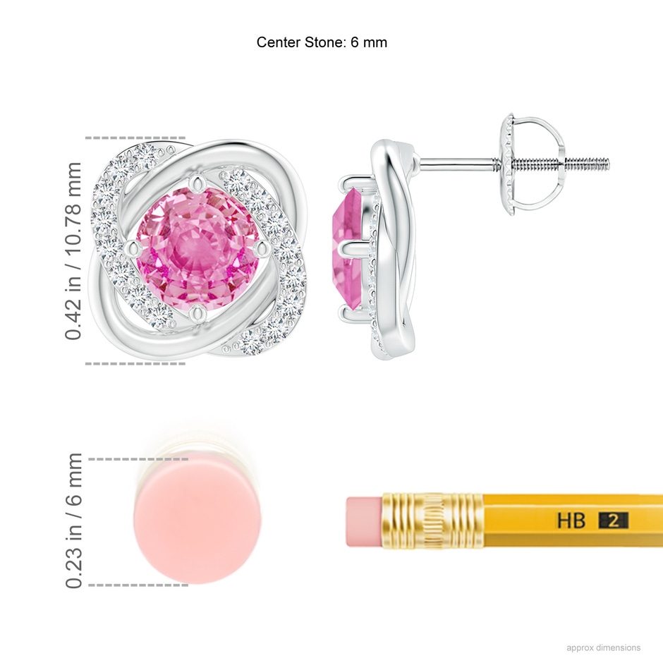 6mm AA Pink Sapphire Solitaire Knot Stud Earrings in White Gold ruler