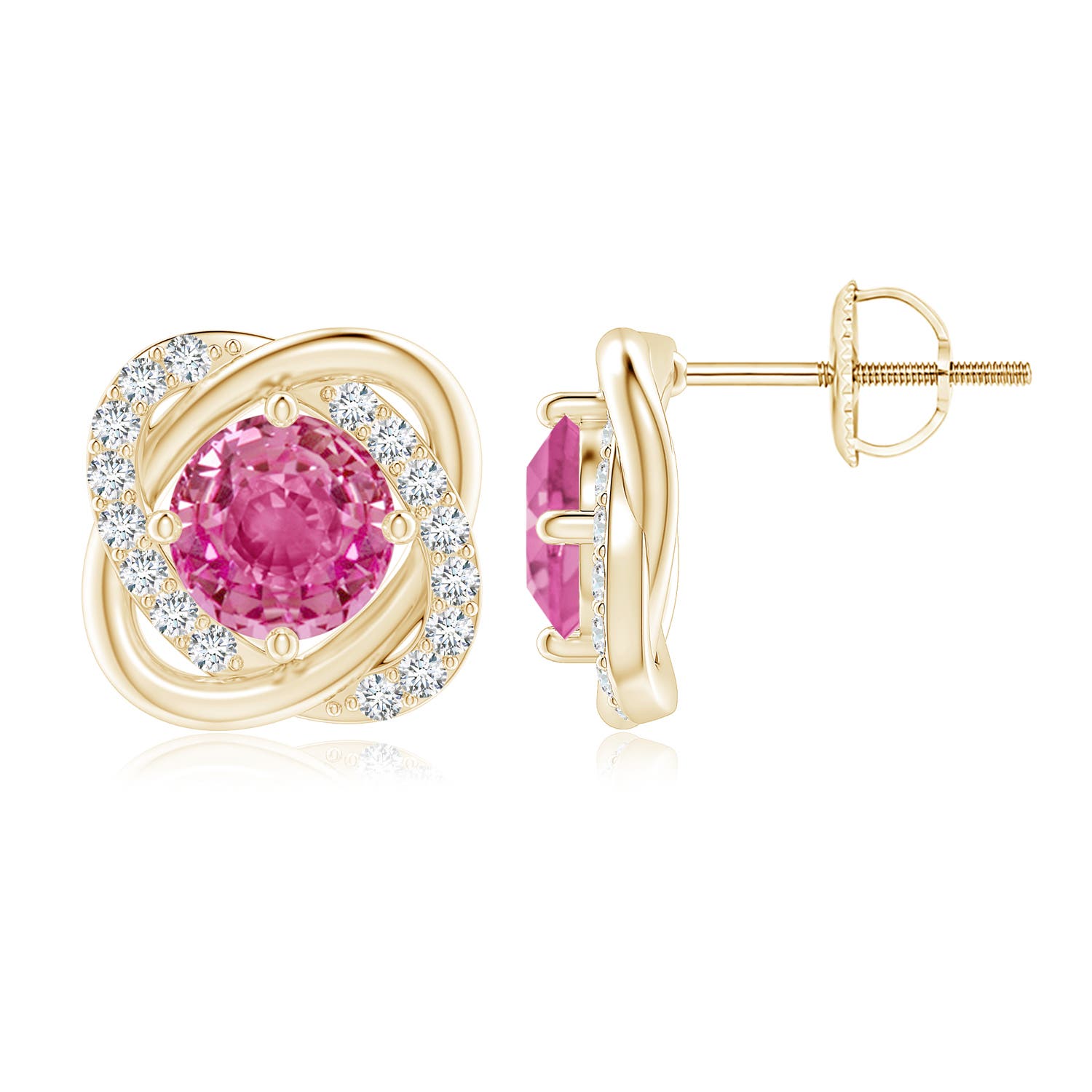 6mm AAA Pink Sapphire Solitaire Knot Stud Earrings in 18CT Yellow Gold