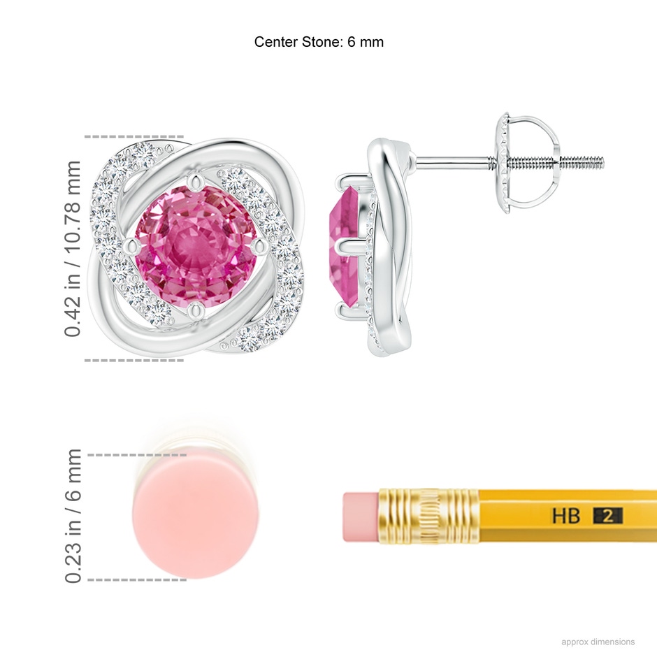 6mm AAA Pink Sapphire Solitaire Knot Stud Earrings in P950 Platinum ruler