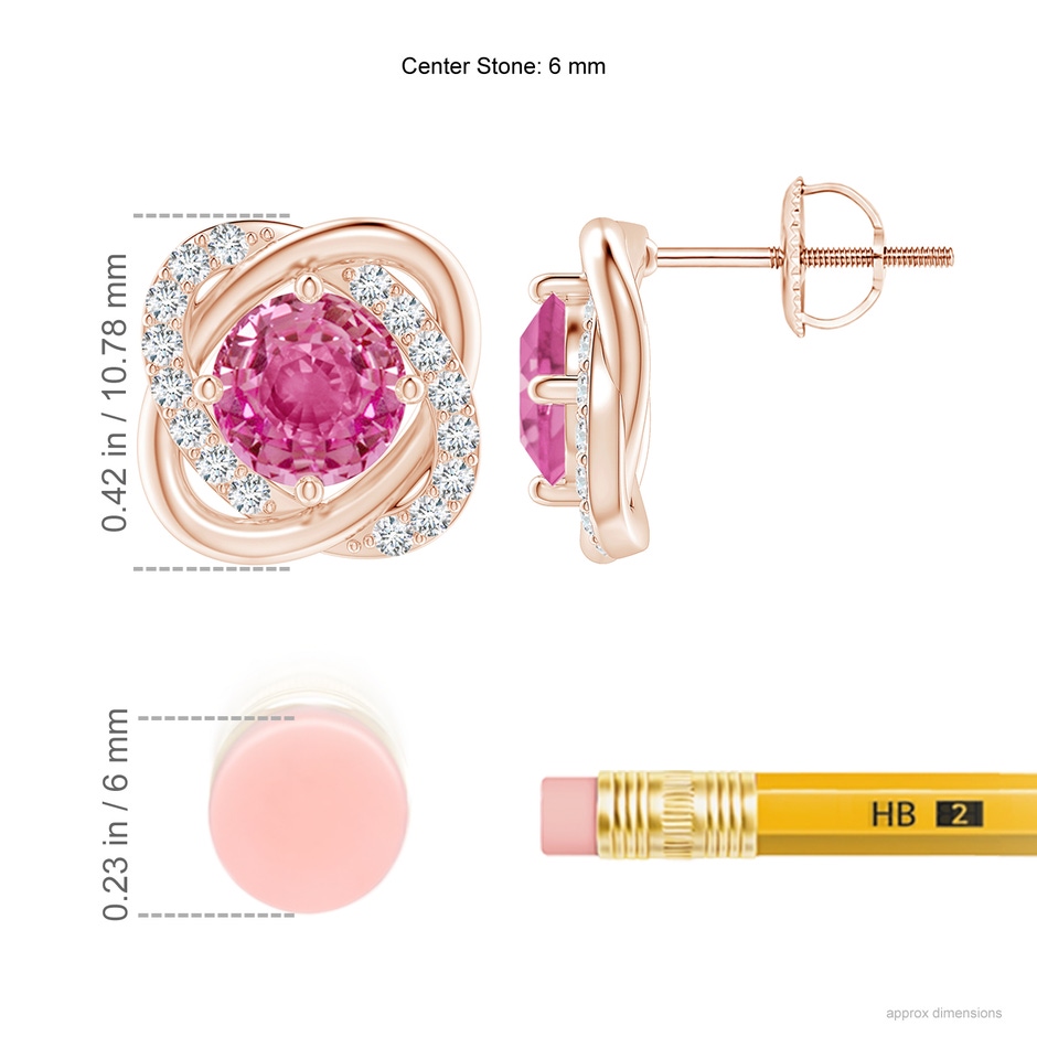 6mm AAA Pink Sapphire Solitaire Knot Stud Earrings in Rose Gold ruler