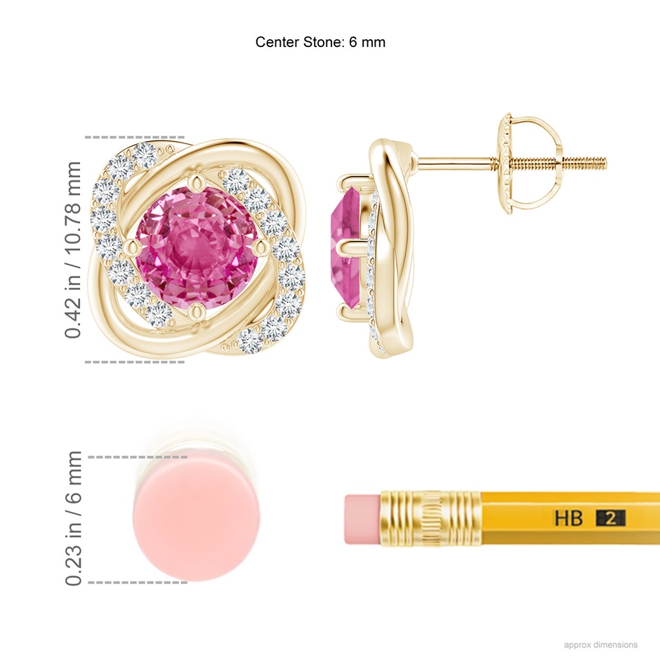 6mm AAA Pink Sapphire Solitaire Knot Stud Earrings in Yellow Gold ruler