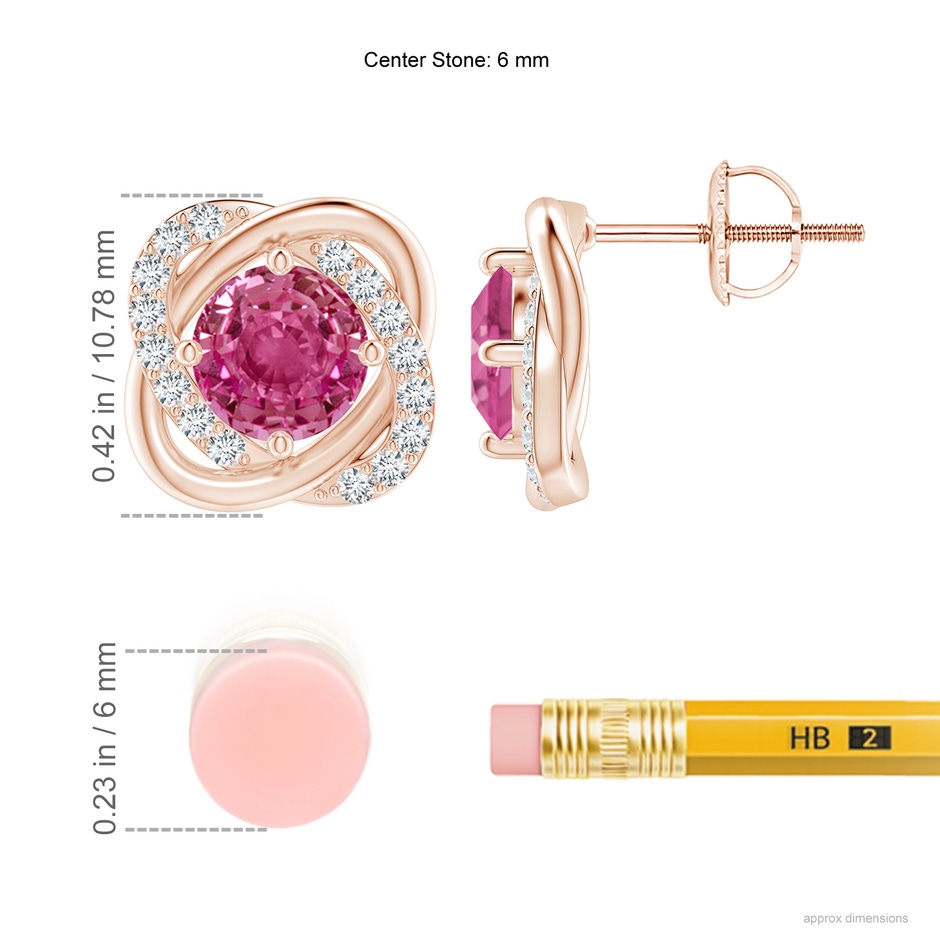 6mm AAAA Pink Sapphire Solitaire Knot Stud Earrings in Rose Gold ruler