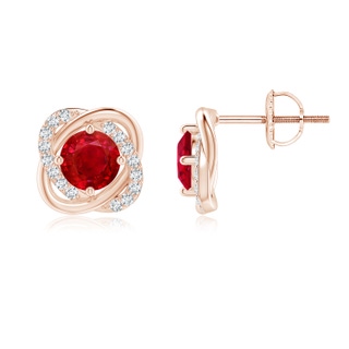 5mm AAA Ruby Solitaire Knot Stud Earrings in Rose Gold