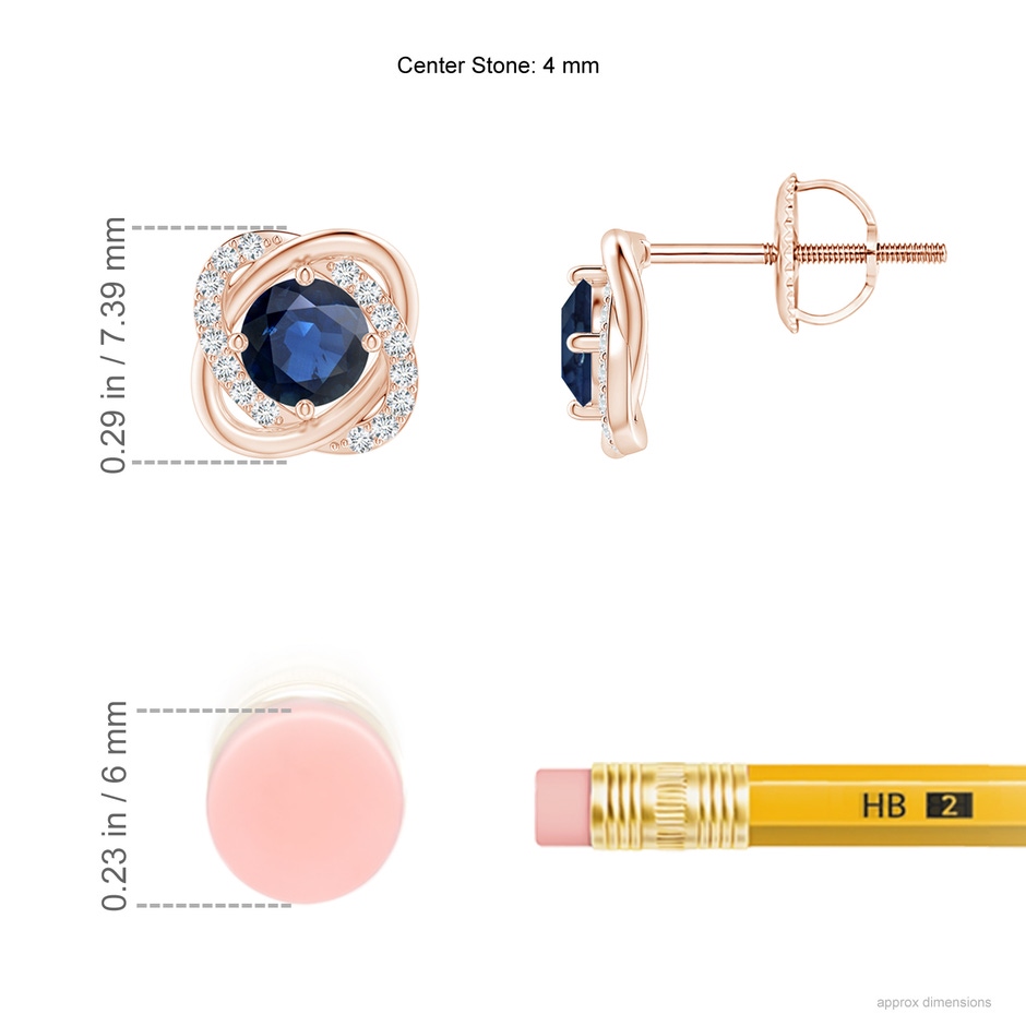 4mm AA Sapphire Solitaire Knot Stud Earrings in Rose Gold ruler