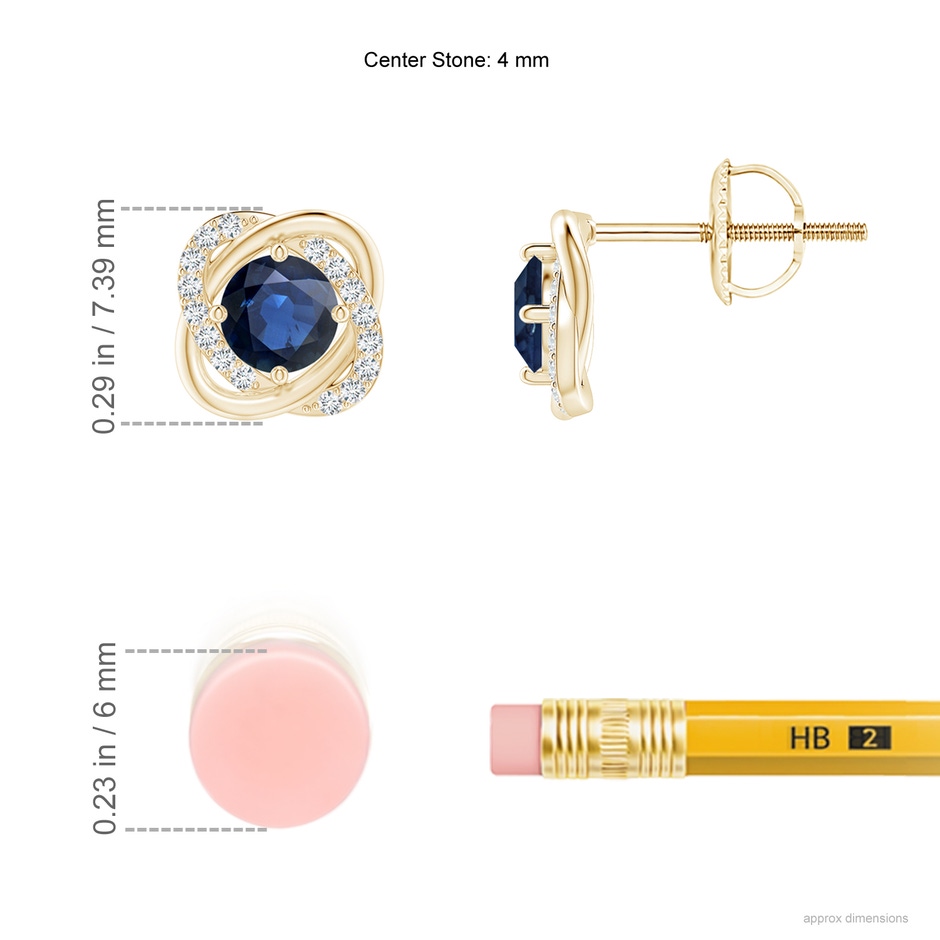 4mm AA Sapphire Solitaire Knot Stud Earrings in Yellow Gold ruler