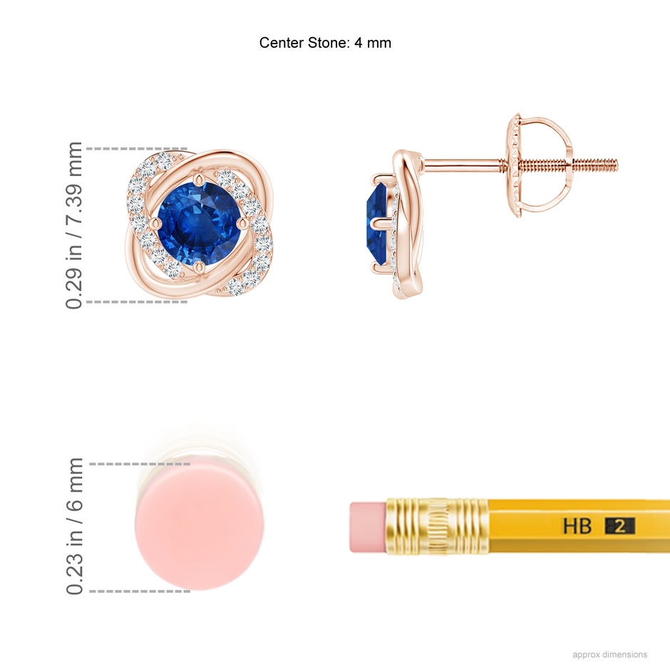 4mm AAA Sapphire Solitaire Knot Stud Earrings in Rose Gold ruler