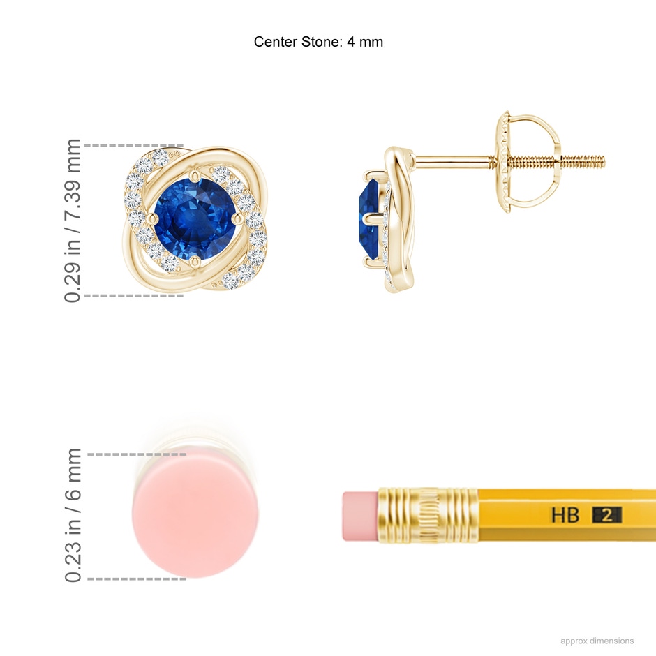4mm AAA Sapphire Solitaire Knot Stud Earrings in Yellow Gold ruler
