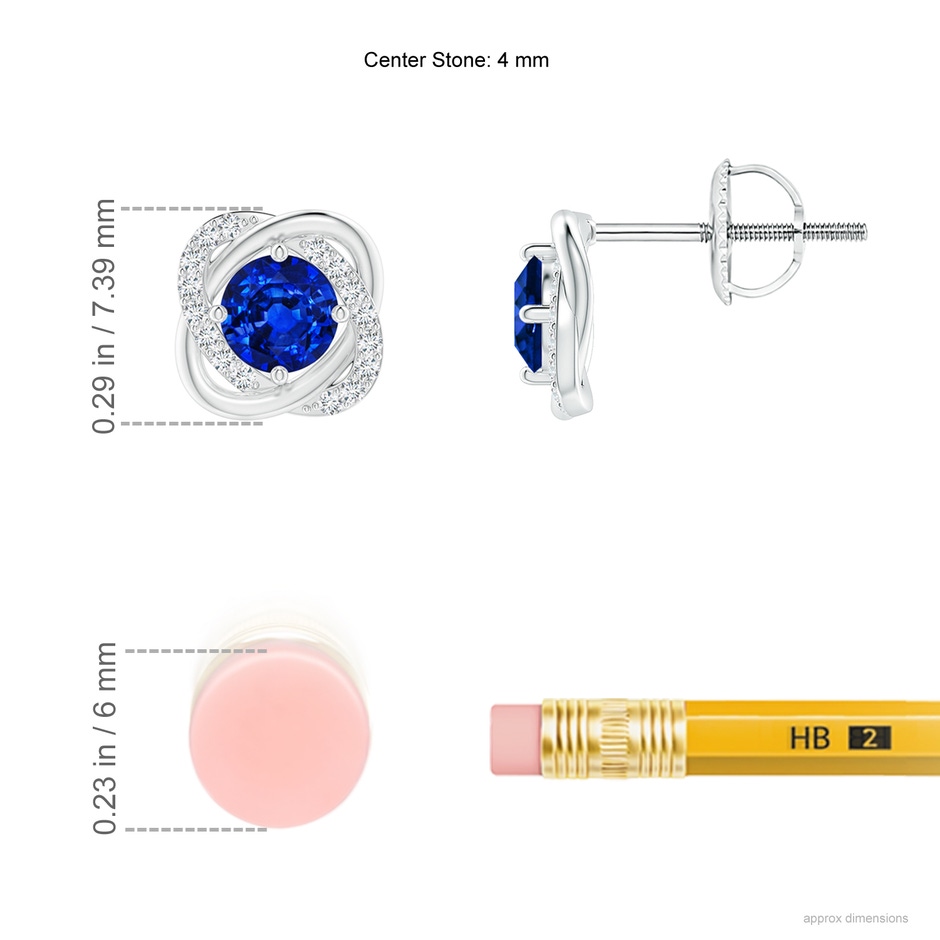 4mm AAAA Sapphire Solitaire Knot Stud Earrings in 18K White Gold ruler