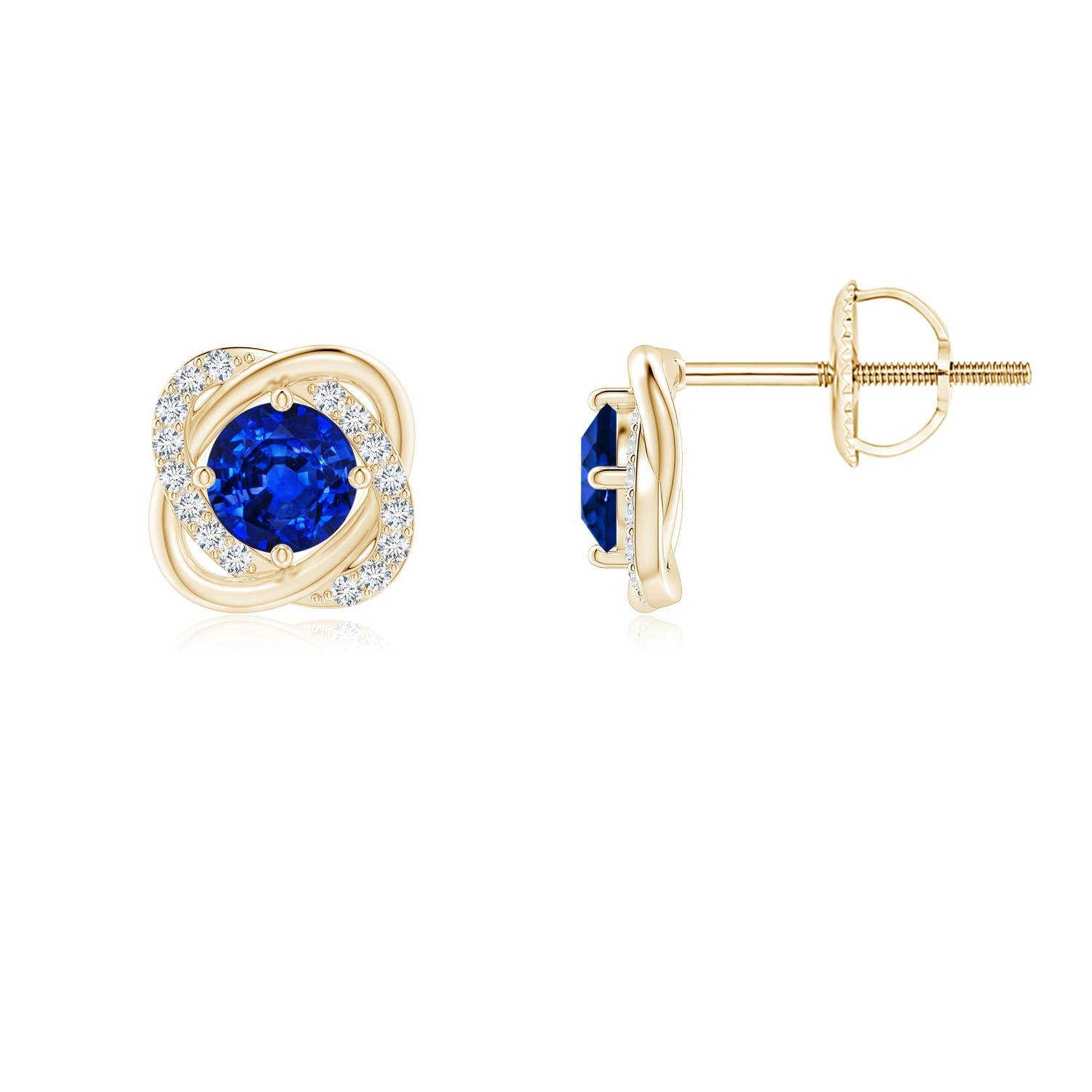 4mm AAAA Sapphire Solitaire Knot Stud Earrings in 18K Yellow Gold