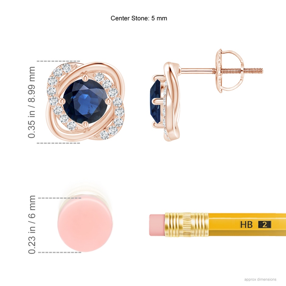 5mm AA Sapphire Solitaire Knot Stud Earrings in Rose Gold ruler