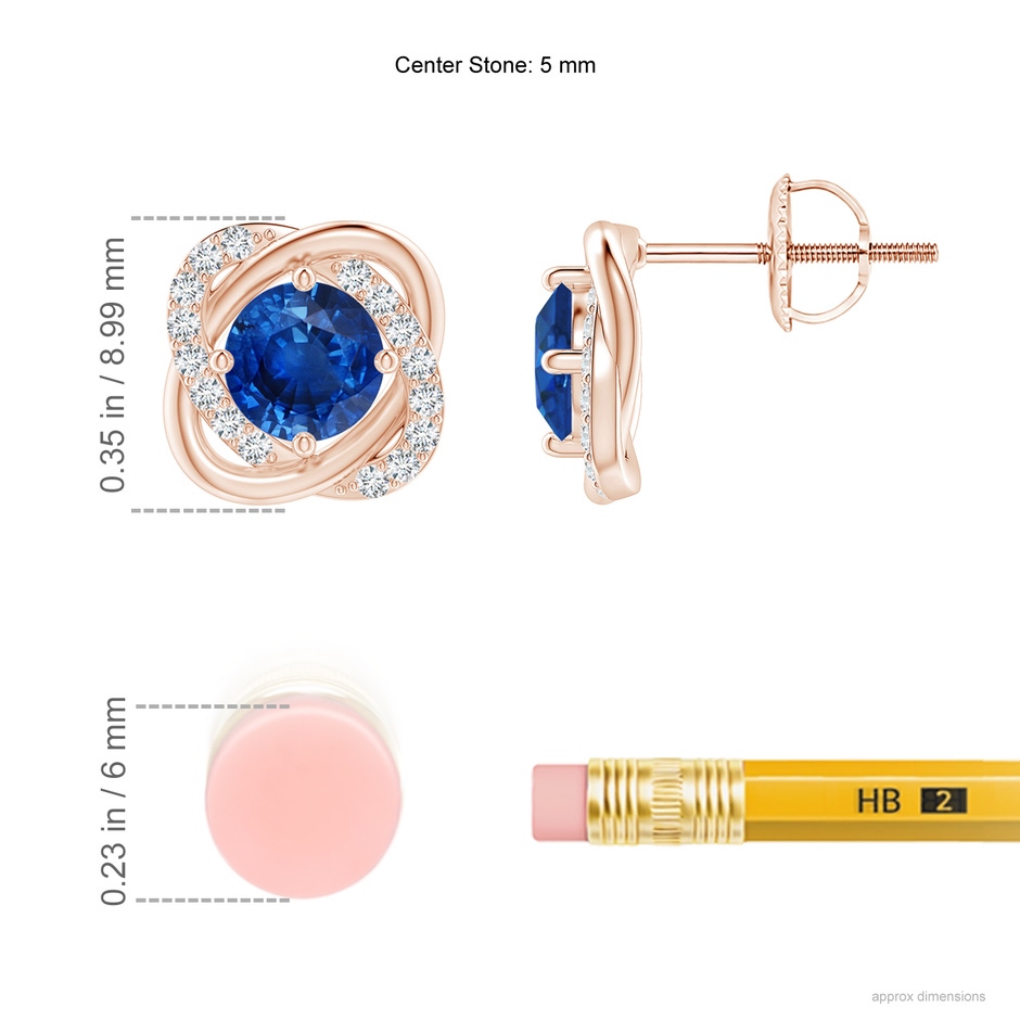 5mm AAA Sapphire Solitaire Knot Stud Earrings in Rose Gold ruler