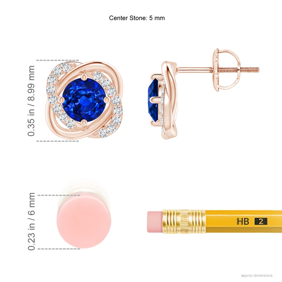5mm AAAA Sapphire Solitaire Knot Stud Earrings in Rose Gold ruler