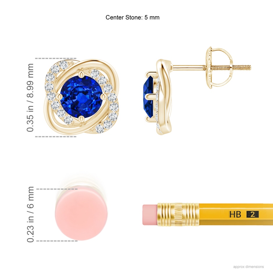 5mm AAAA Sapphire Solitaire Knot Stud Earrings in Yellow Gold ruler