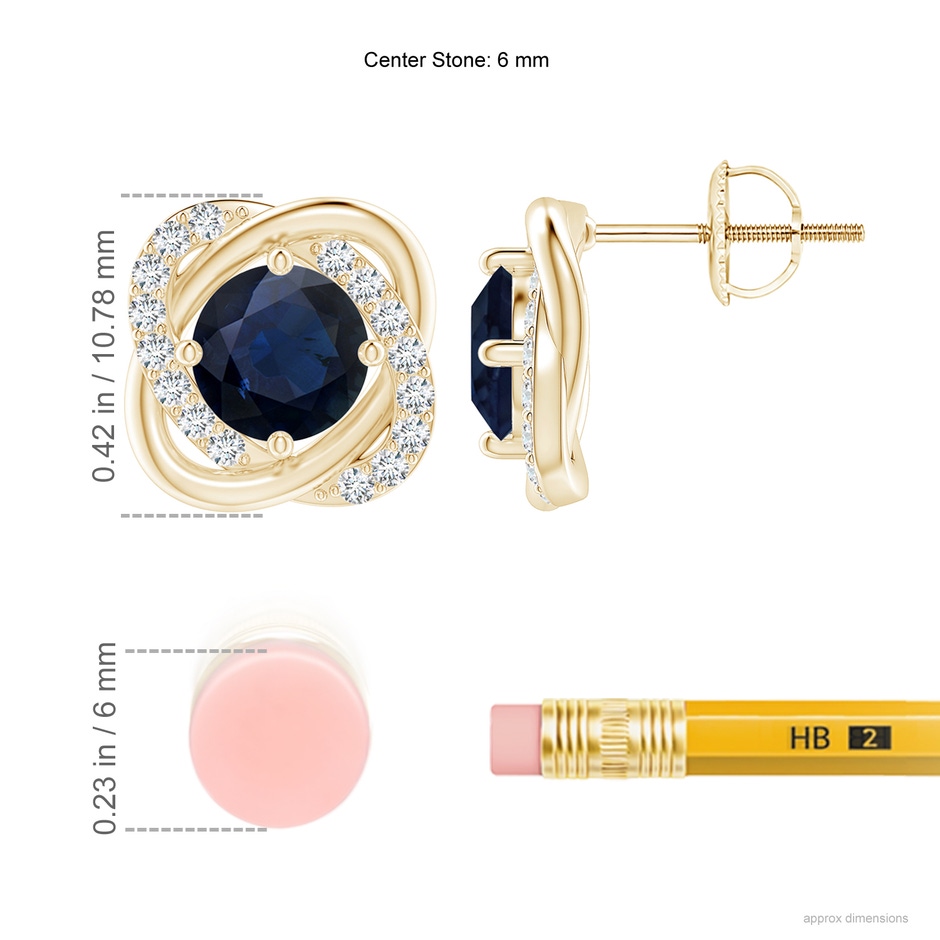6mm A Sapphire Solitaire Knot Stud Earrings in 18K Yellow Gold ruler