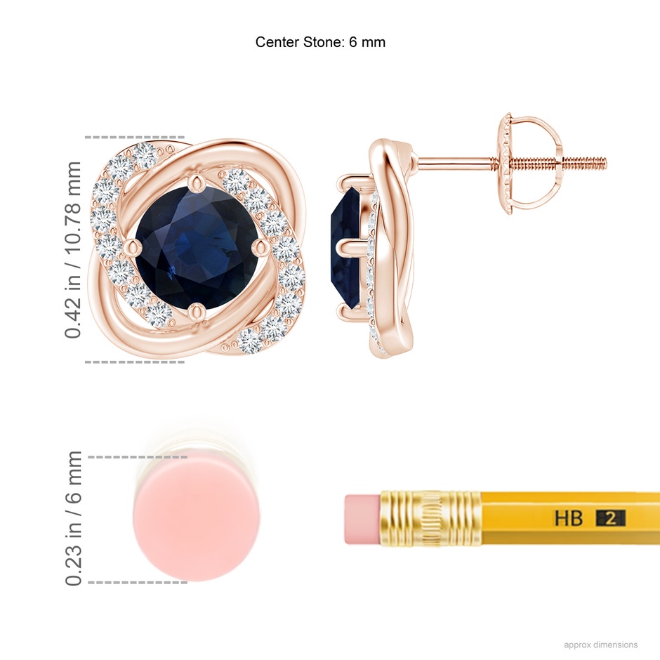 6mm A Sapphire Solitaire Knot Stud Earrings in Rose Gold ruler
