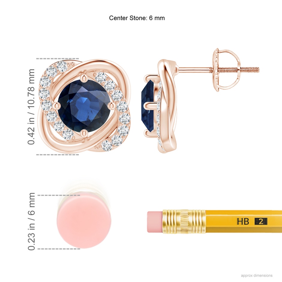 6mm AA Sapphire Solitaire Knot Stud Earrings in 18K Rose Gold ruler