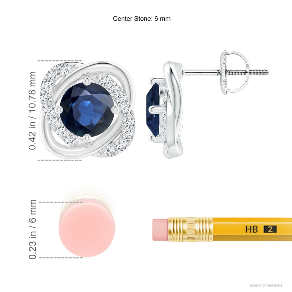 6mm AA Sapphire Solitaire Knot Stud Earrings in White Gold ruler