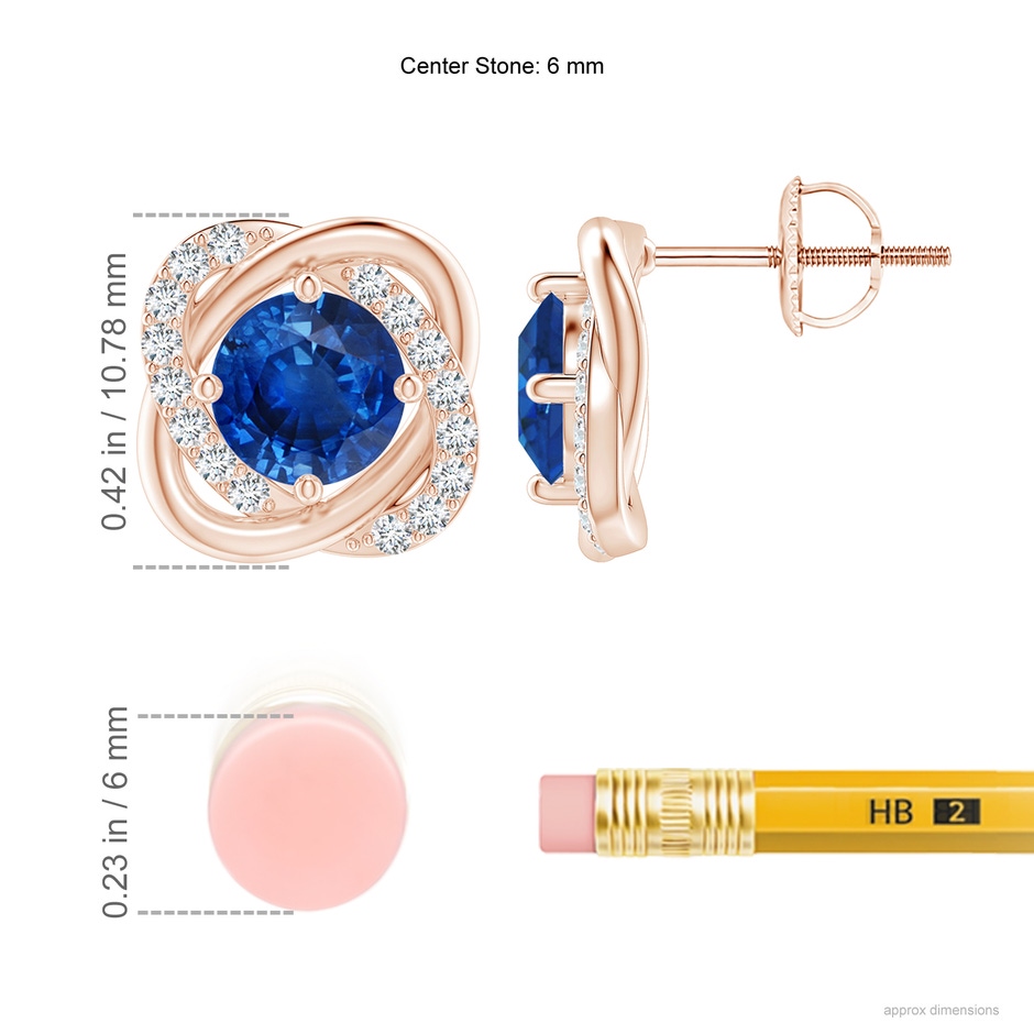 6mm AAA Sapphire Solitaire Knot Stud Earrings in Rose Gold ruler
