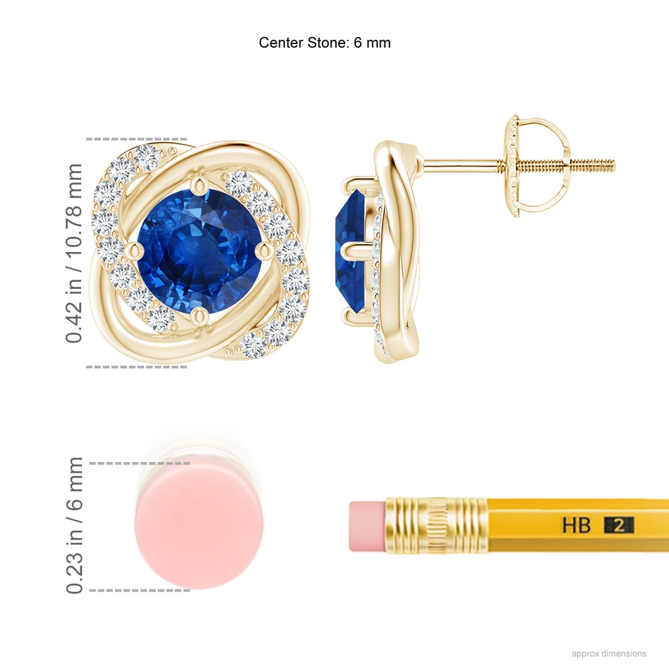 6mm AAA Sapphire Solitaire Knot Stud Earrings in Yellow Gold ruler