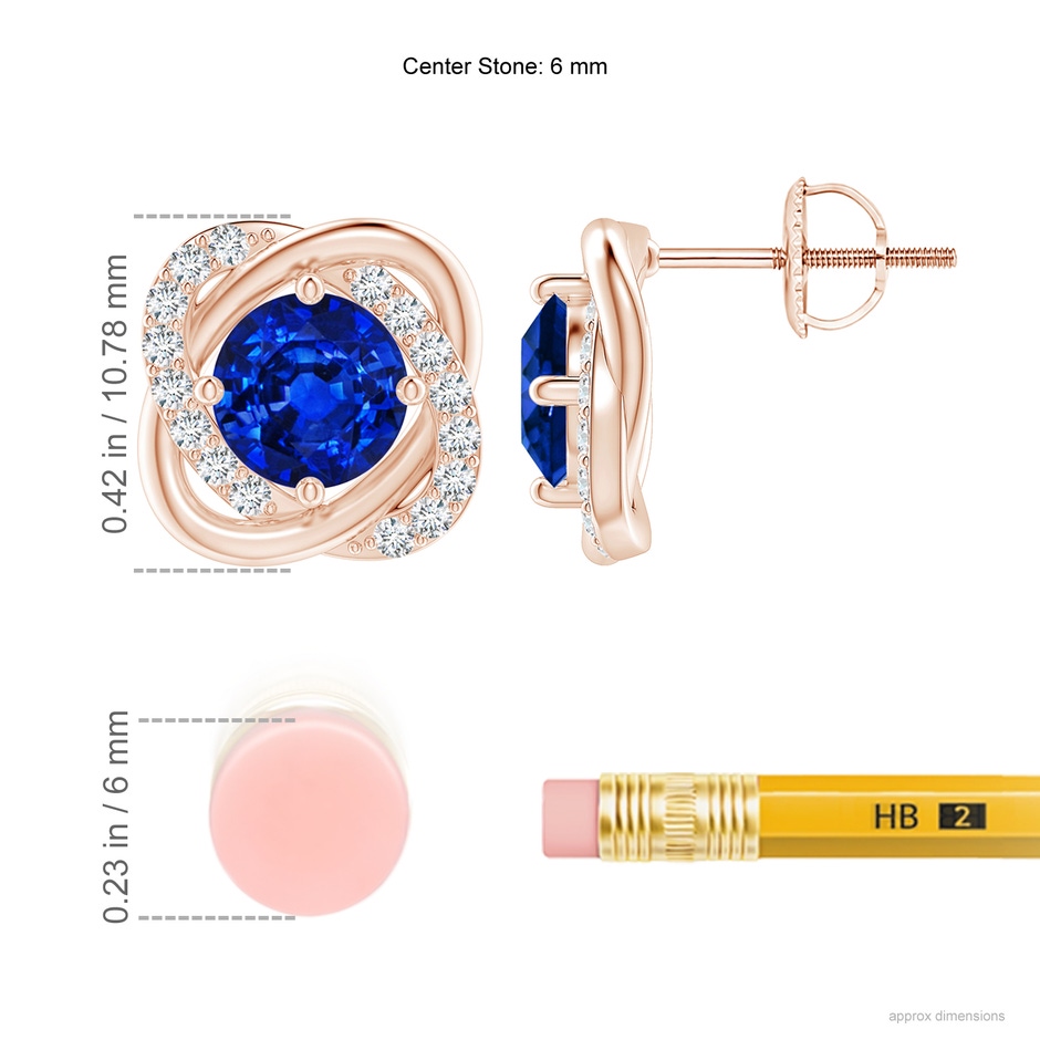 6mm AAAA Sapphire Solitaire Knot Stud Earrings in Rose Gold ruler