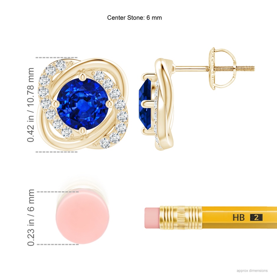6mm AAAA Sapphire Solitaire Knot Stud Earrings in Yellow Gold ruler