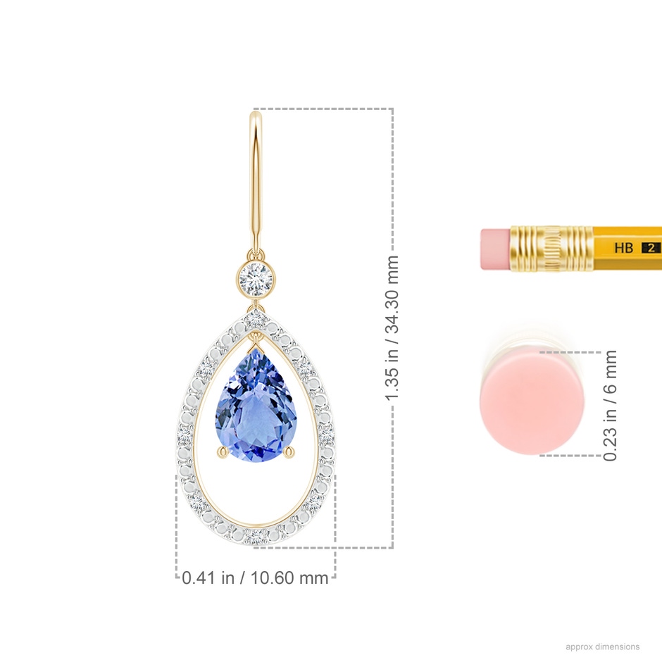 7x5mm A Pear Tanzanite Fish Hook Dangle Earrings with Diamond in Yellow Gold ruler