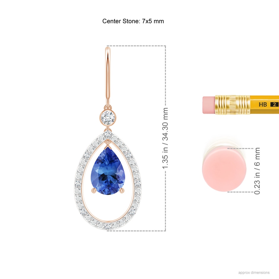 7x5mm AA Pear Tanzanite Fish Hook Dangle Earrings with Diamond in Rose Gold ruler
