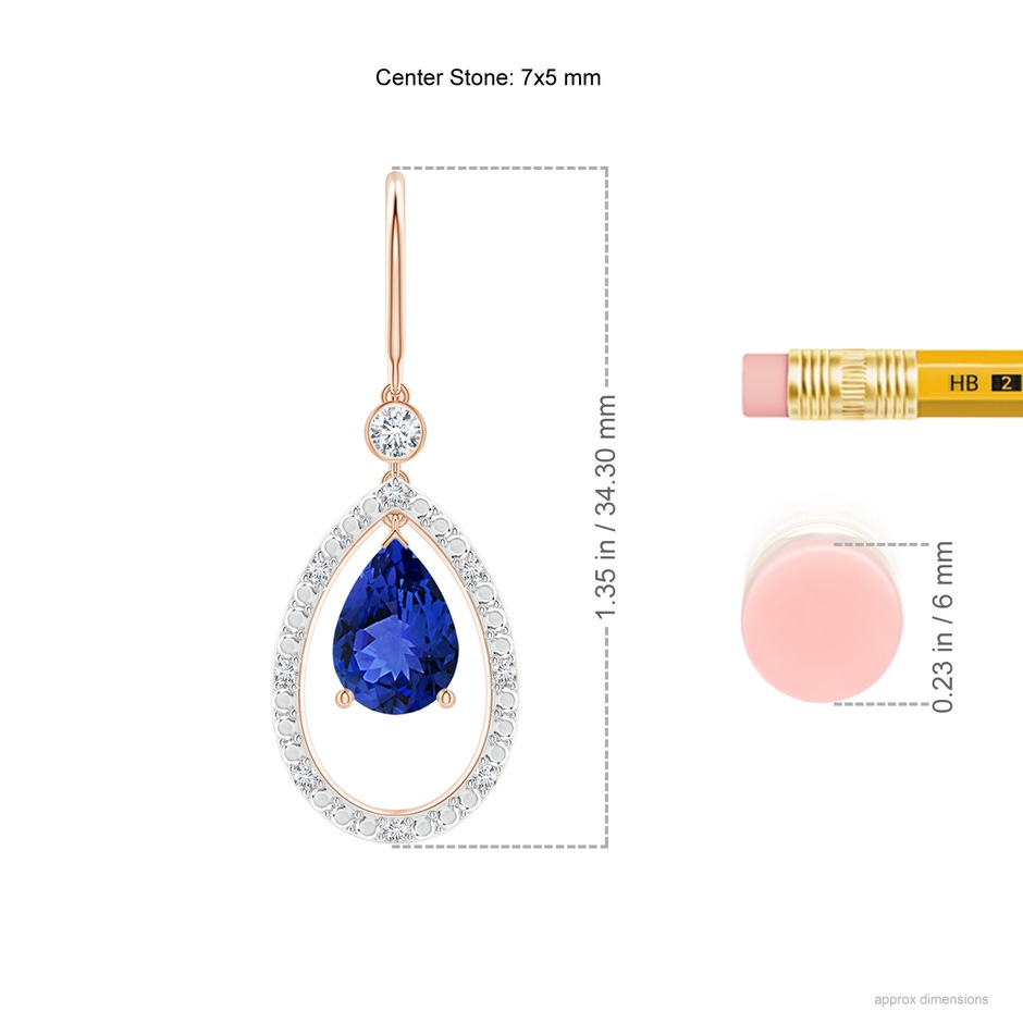 7x5mm AAA Pear Tanzanite Fish Hook Dangle Earrings with Diamond in Rose Gold ruler