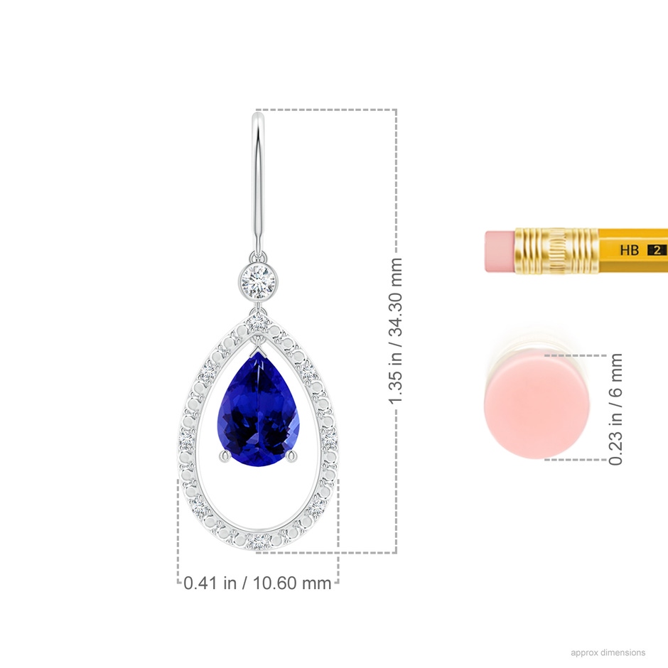 7x5mm AAAA Pear Tanzanite Fish Hook Dangle Earrings with Diamond in White Gold ruler