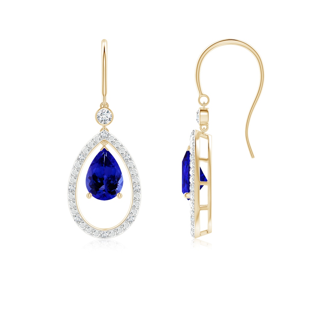 7x5mm AAAA Pear Tanzanite Fish Hook Dangle Earrings with Diamond in Yellow Gold